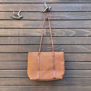 Vintage Italian Woven Tote Bag with Brown Leather Trim